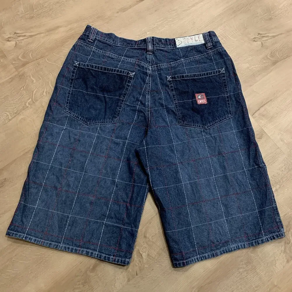 Vintage Y2K Enyce Jean Shorts Jorts Men's Size 36 Plaid Windowpane Dark Denim